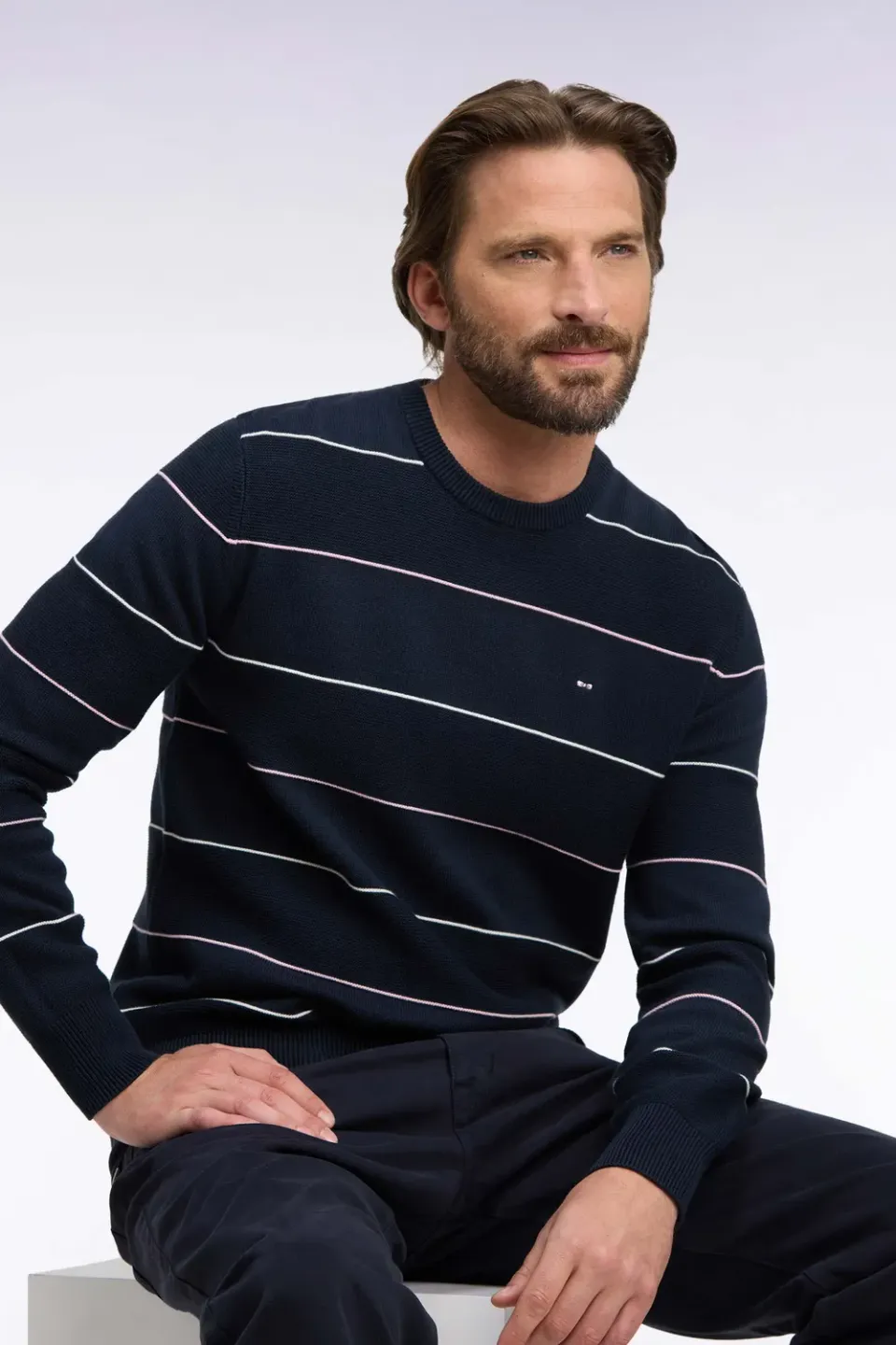 Eden Park pull col rond coton rayé marine coupe droite