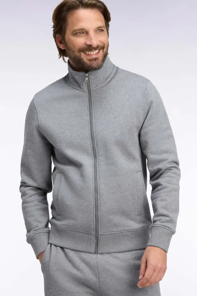 Eden Park sweat homme zippé gris coton col camionneur