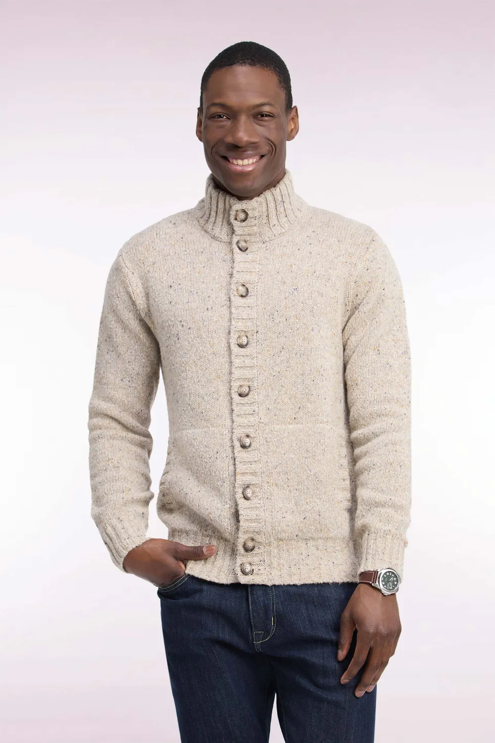 Eden Park cardigan boutonné maille épaisse écru coupe droite