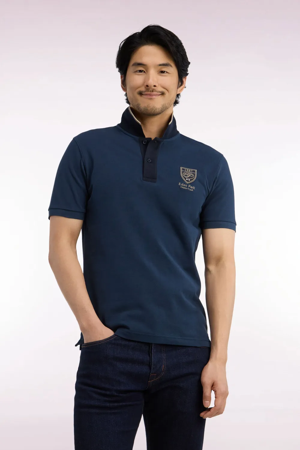 Eden Park Rugby Heritage polo coton bleu gris écusson