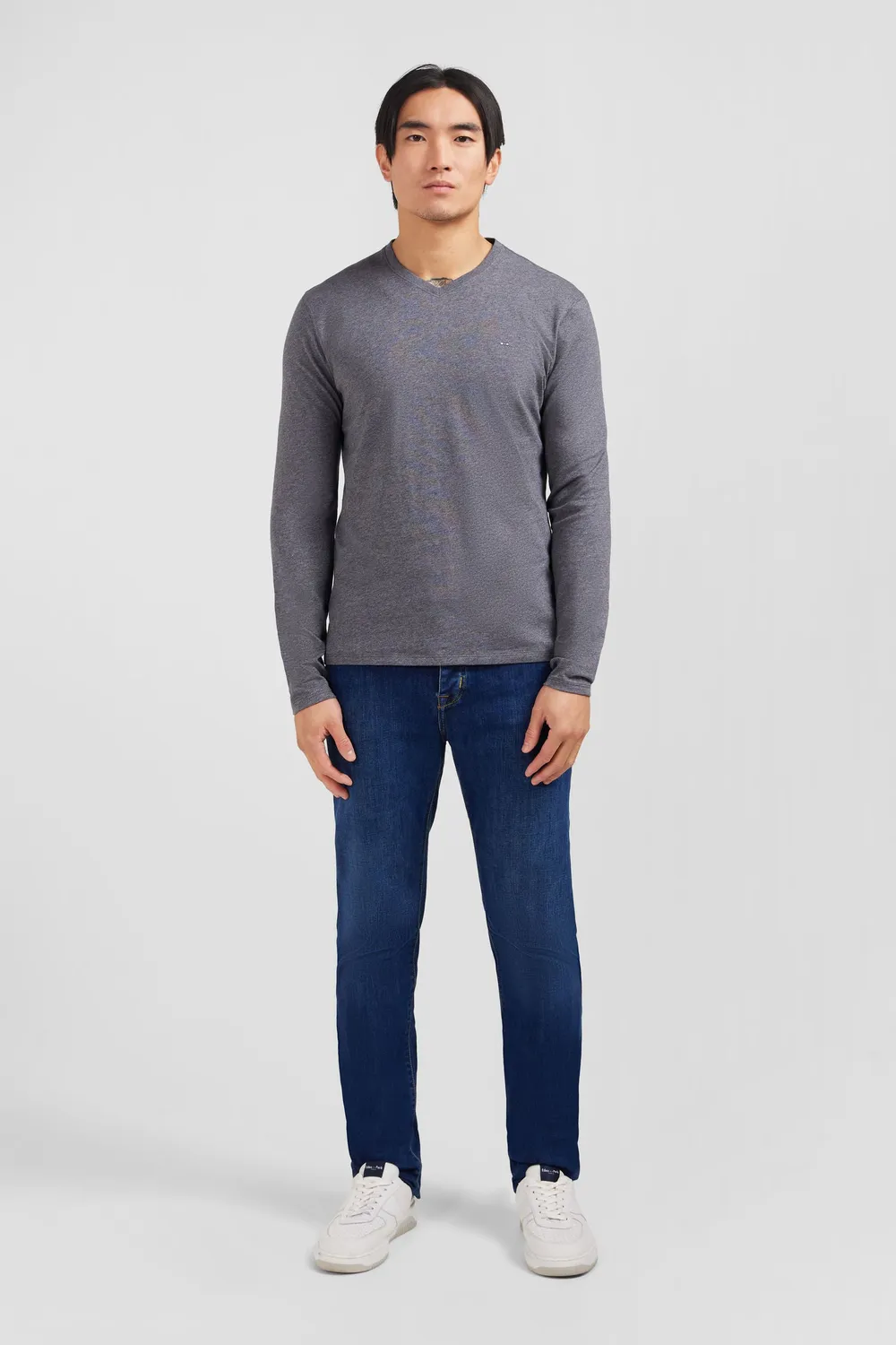 Eden Park t-shirt homme col V gris manches longues coton pima
