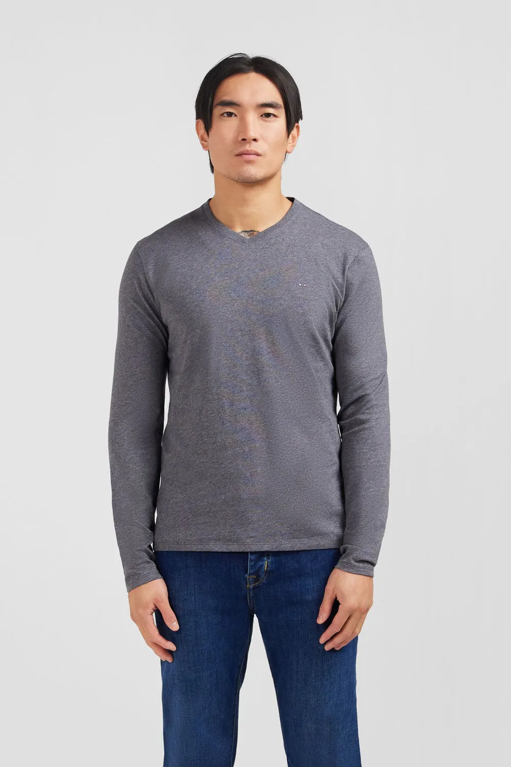 Eden Park t-shirt homme col V gris manches longues coton pima