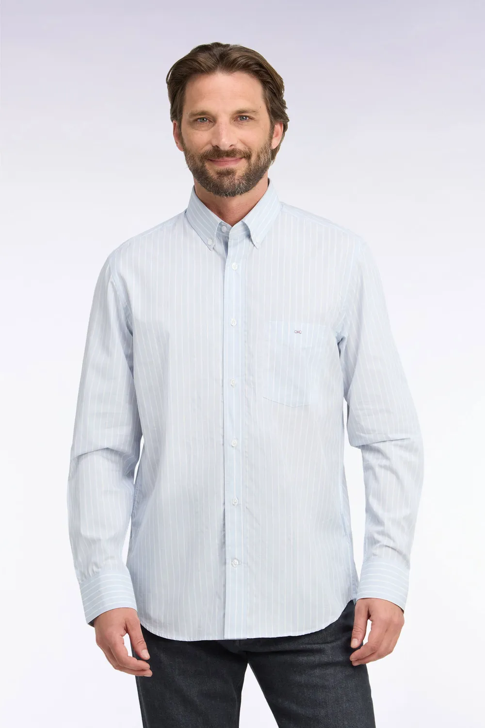 Eden Park chemise homme coton blanc rayures ciel coupe droite