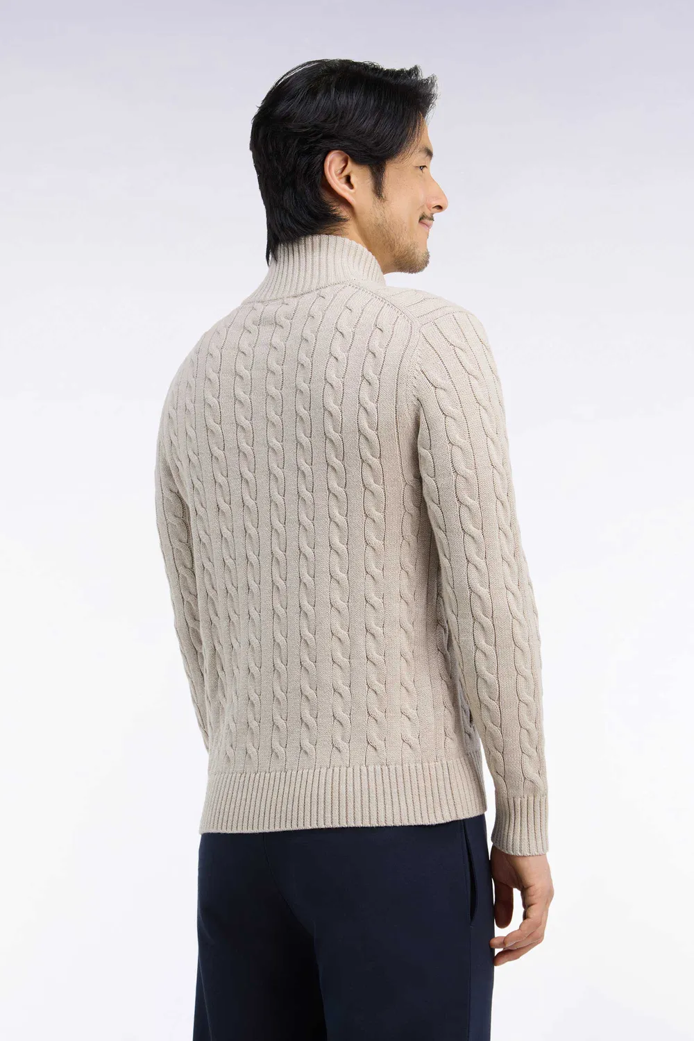 Eden Park cardigan torsades zippé coton beige coupe droite