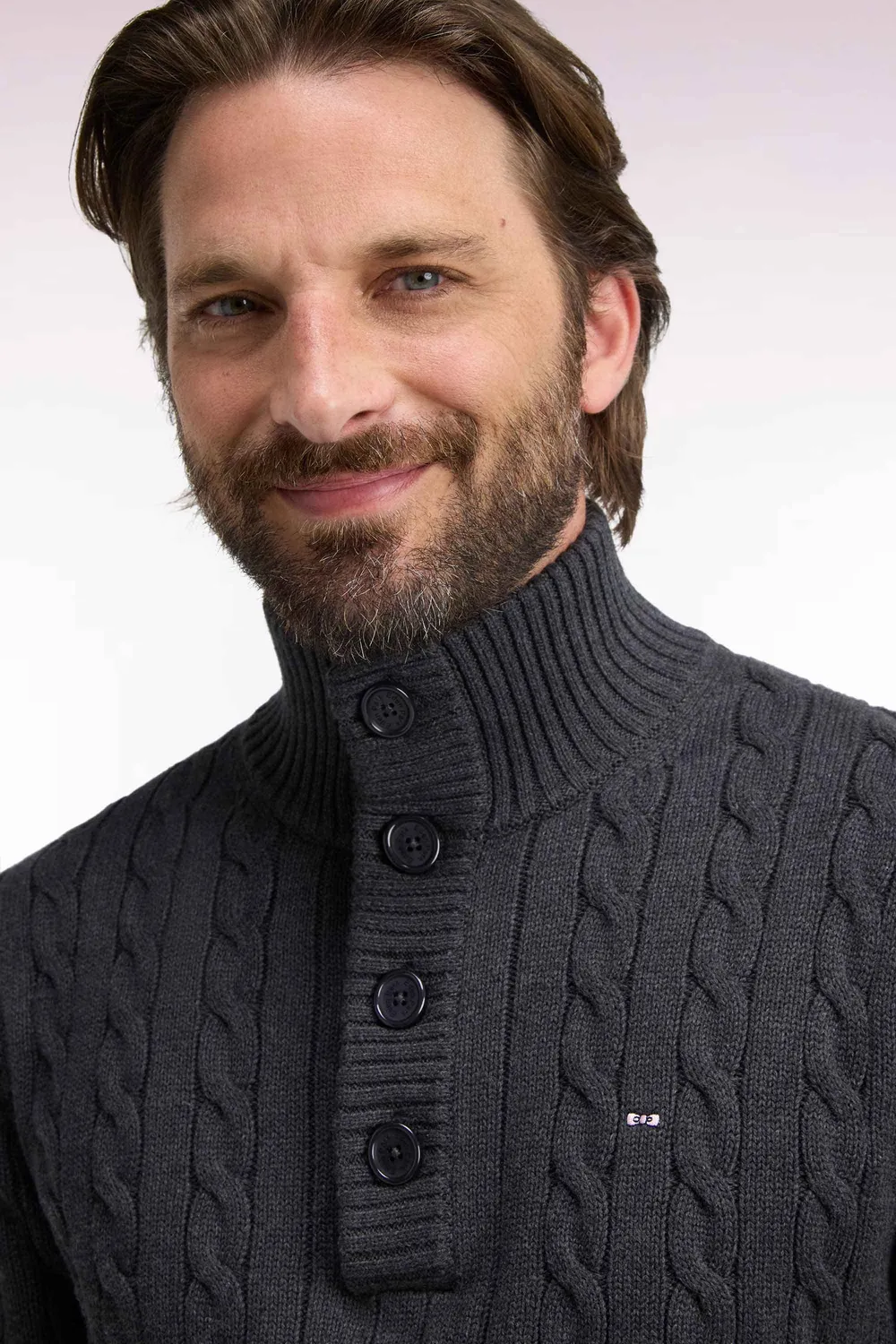 Eden Park pull torsades col boutonné coton gris coupe droite