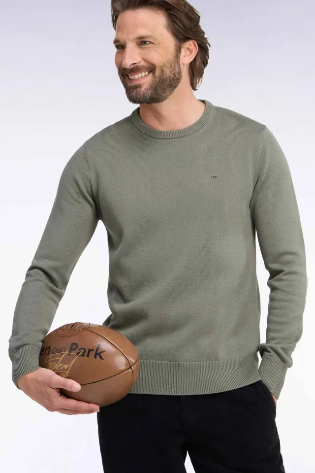 Eden Park pull homme col rond kaki coton coupe droite