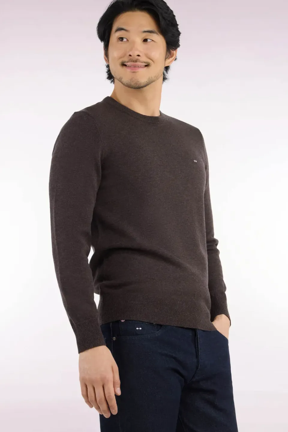 Eden Park pull col rond laine coton marron coupe droite