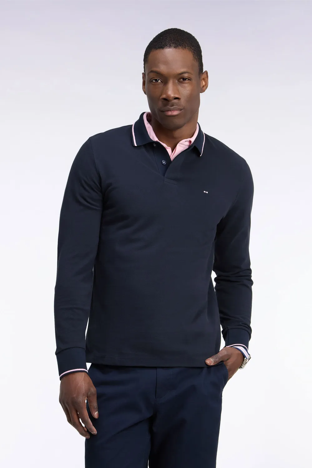 Eden Park polo manches longues piqué coton marine liseré rose