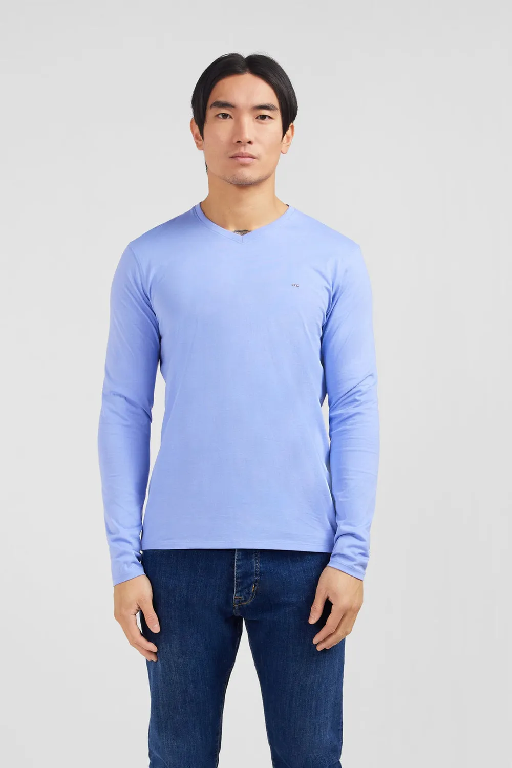 Eden Park T-shirt manches longues bleu col V coton