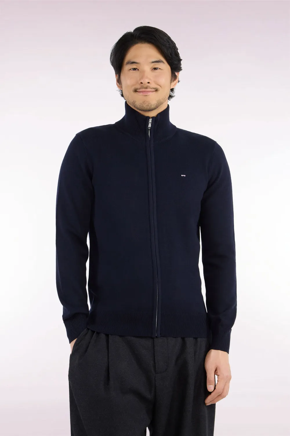 Eden Park cardigan homme zippé marine laine coton droit