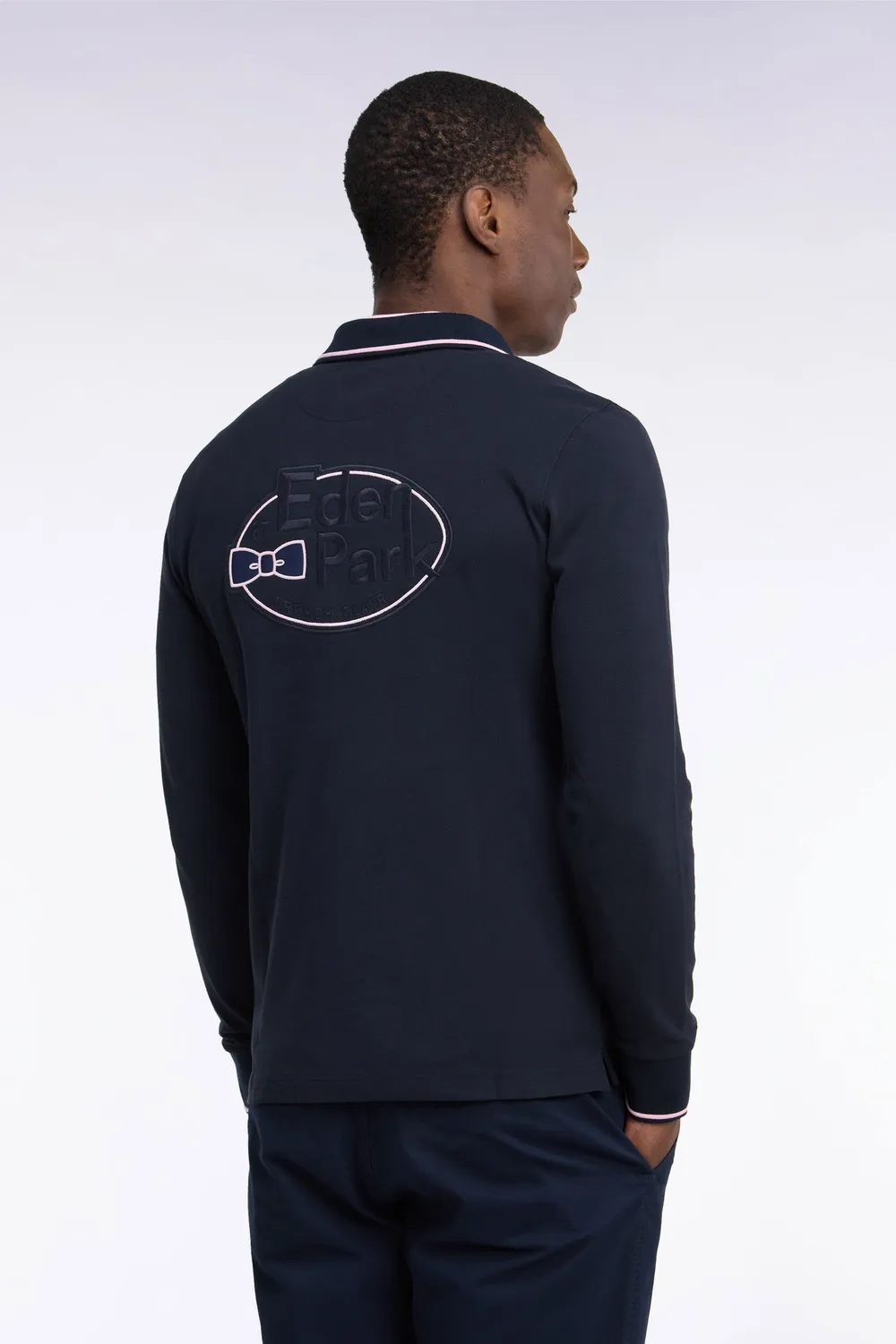 Eden Park polo manches longues piqué coton marine liseré rose