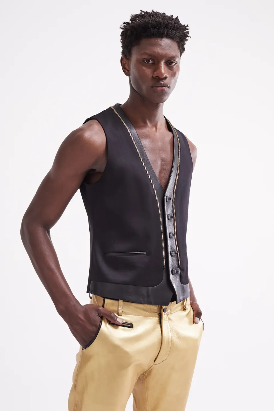 French Deal Exception gilet laine zip cuir