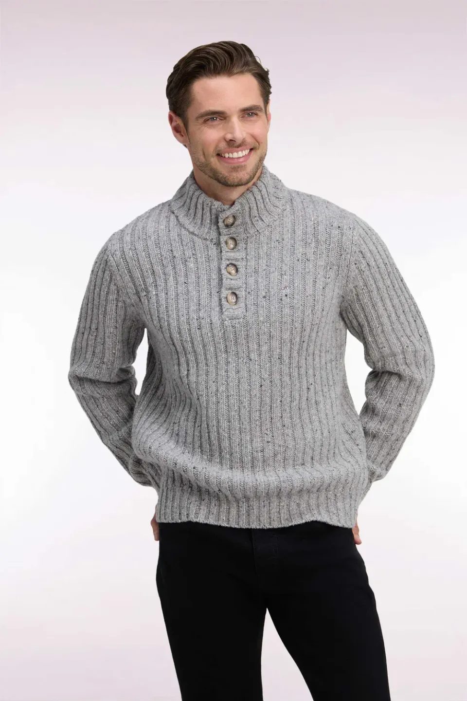 Eden Park pull col montant boutonné gris chiné maille épaisse