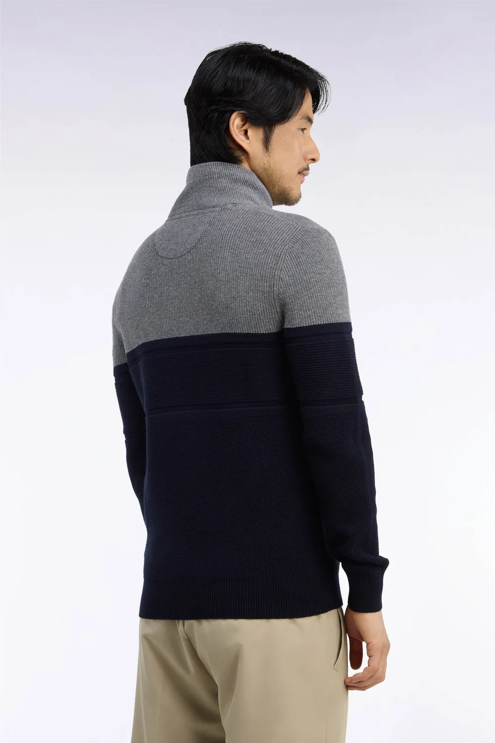 Eden Park cardigan zippé mérinos marine gris coupe droite