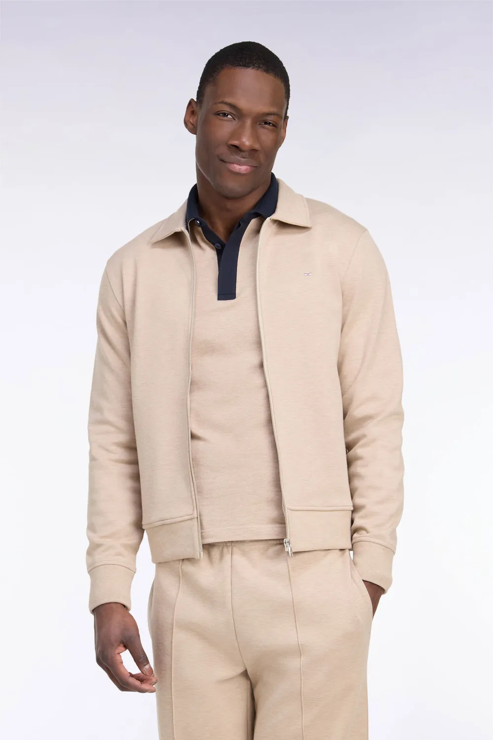 Eden Park sweat zippé col polo beige coupe droite