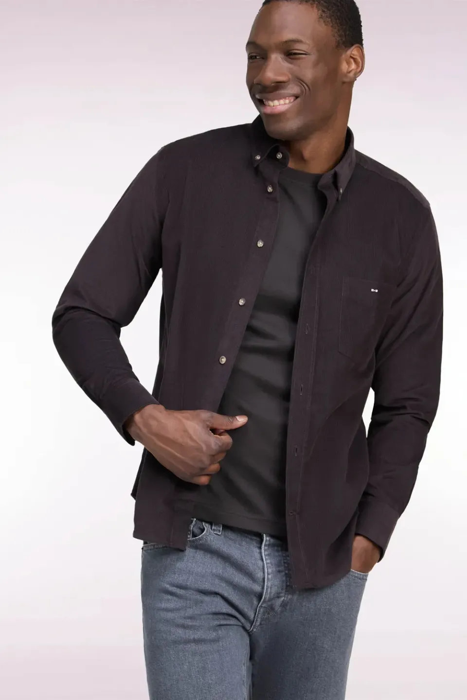 Eden Park chemise homme coton côtelé marron coupe droite