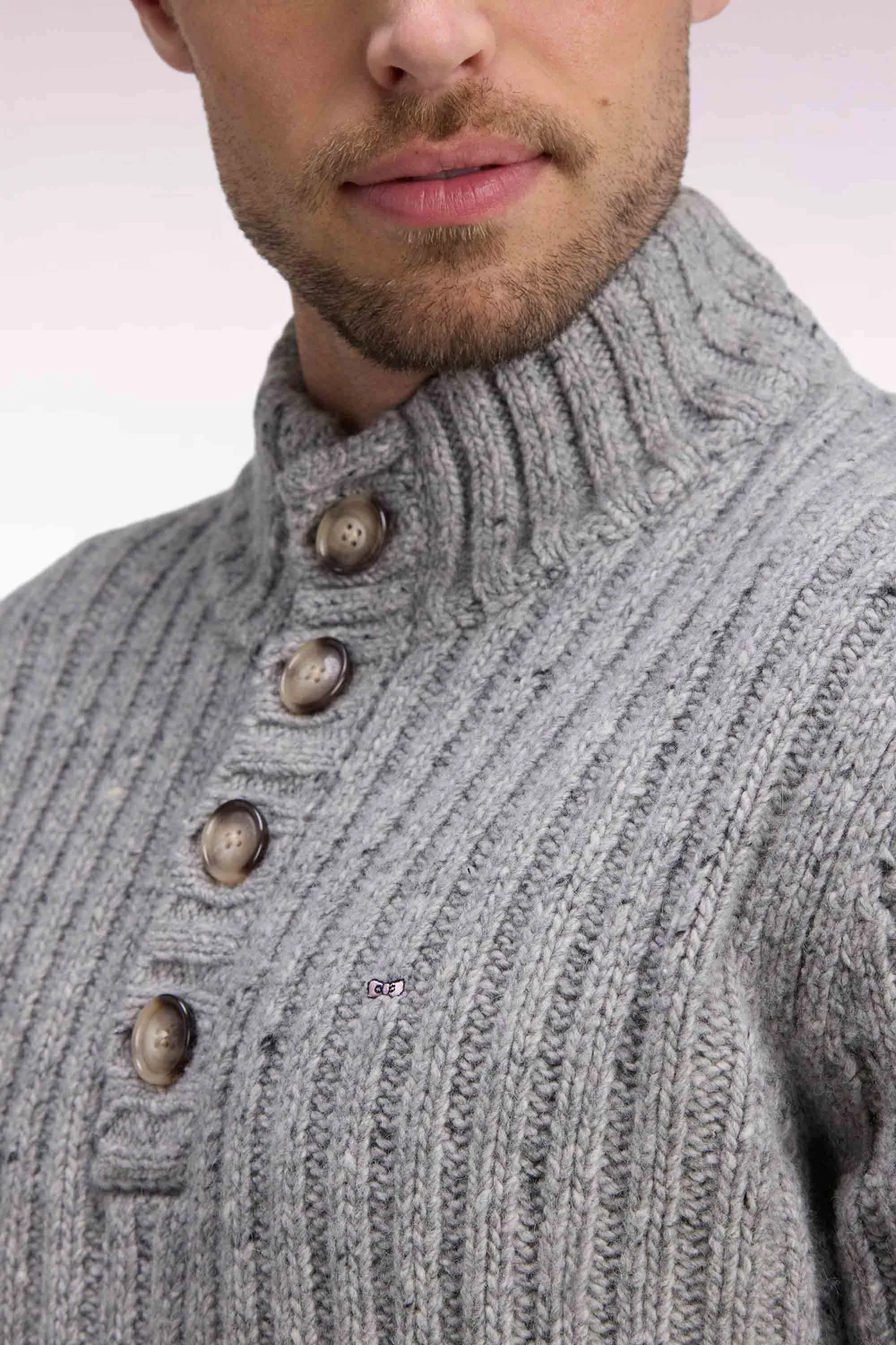 Eden Park pull col montant boutonné gris chiné maille épaisse