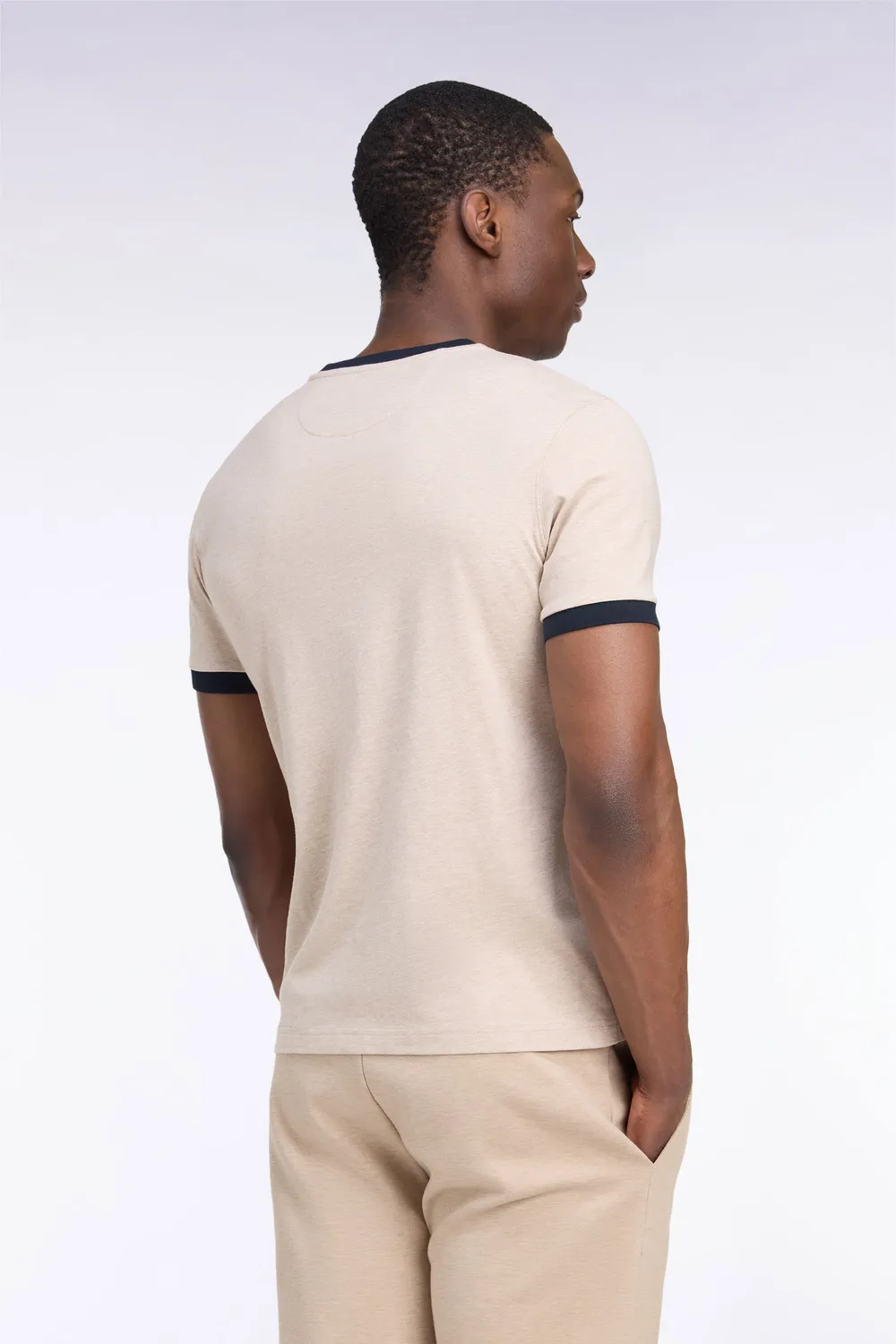Eden Park t-shirt coton beige bords-côtes marine coupe droite