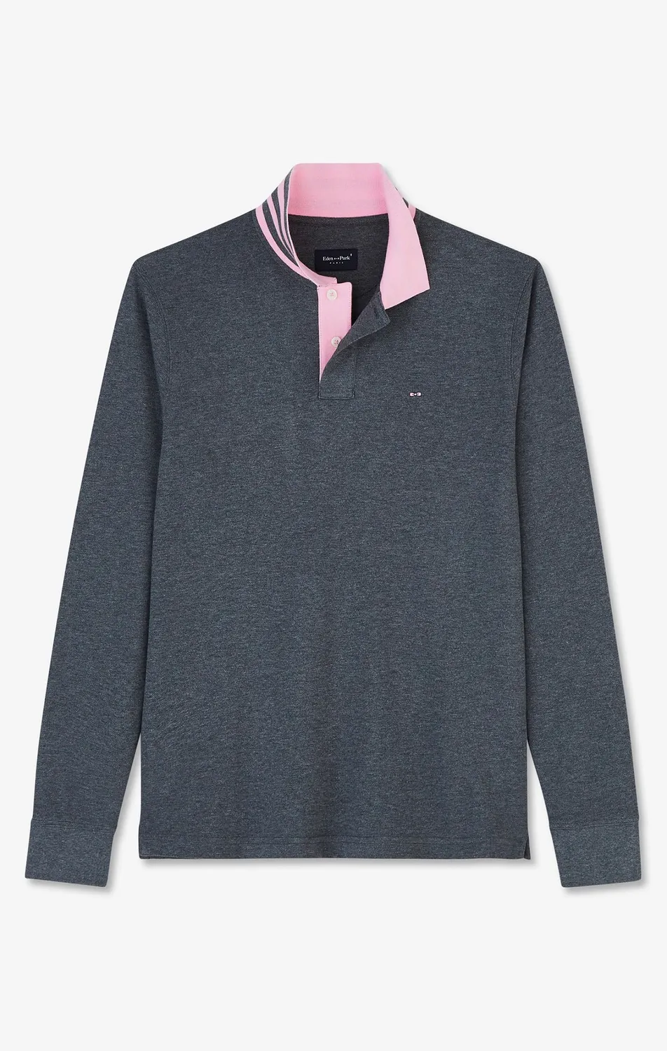Eden Park polo manches longues coton gris col contrasté