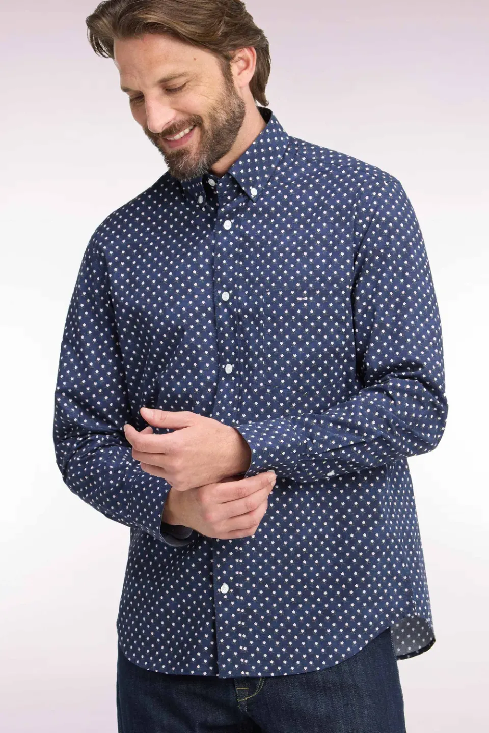 Eden Park Club chemise coton marine fleurs blanches coupe droite