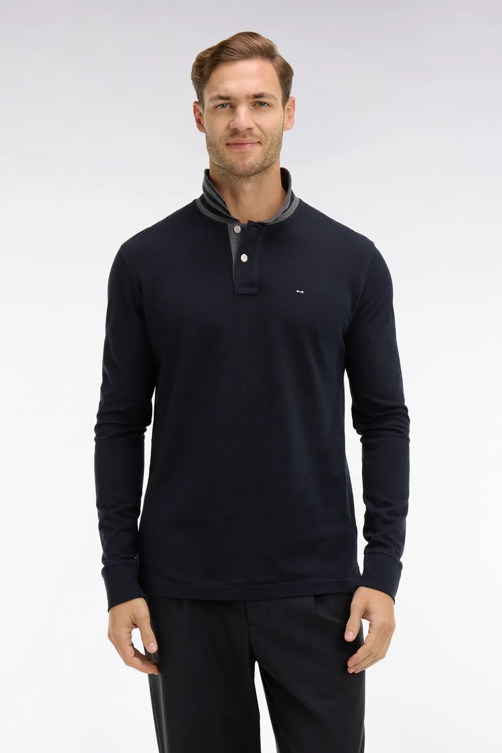 Eden Park polo manches longues noir coton pima col contraste