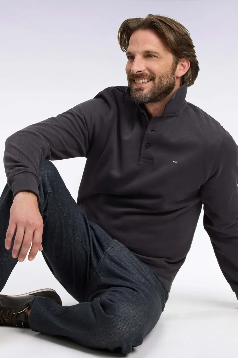 Eden Park sweat col polo marron coton coupe droite