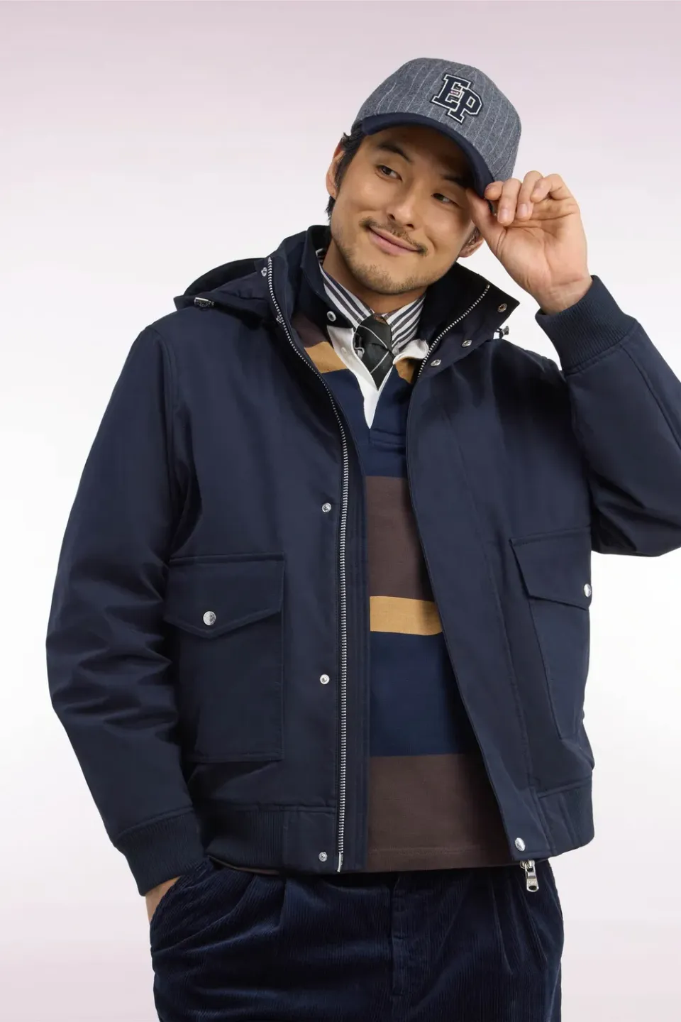 Eden Park blouson bimatière marine capuche amovible coupe droite