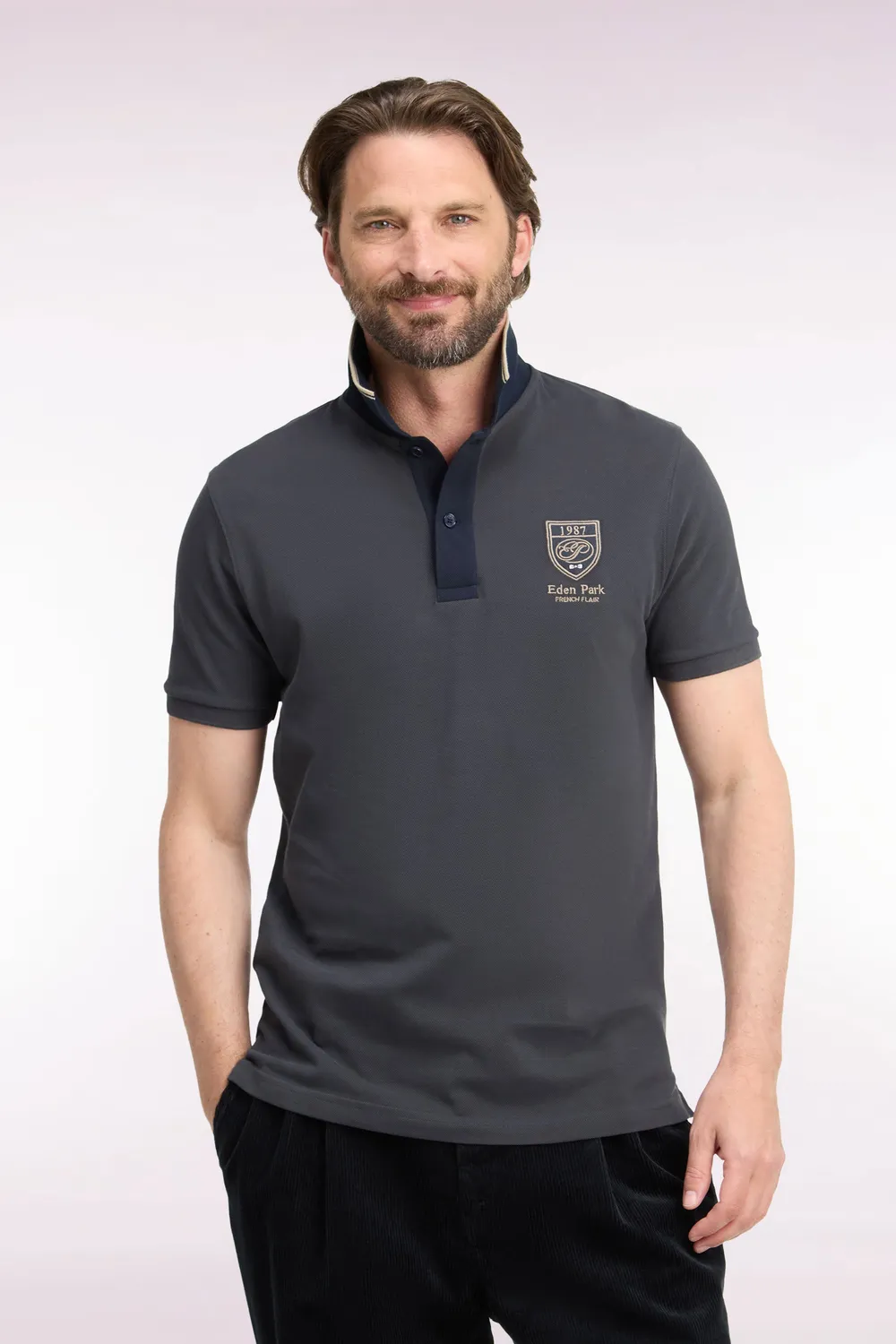 Eden Park polo coton gris foncé écusson droit