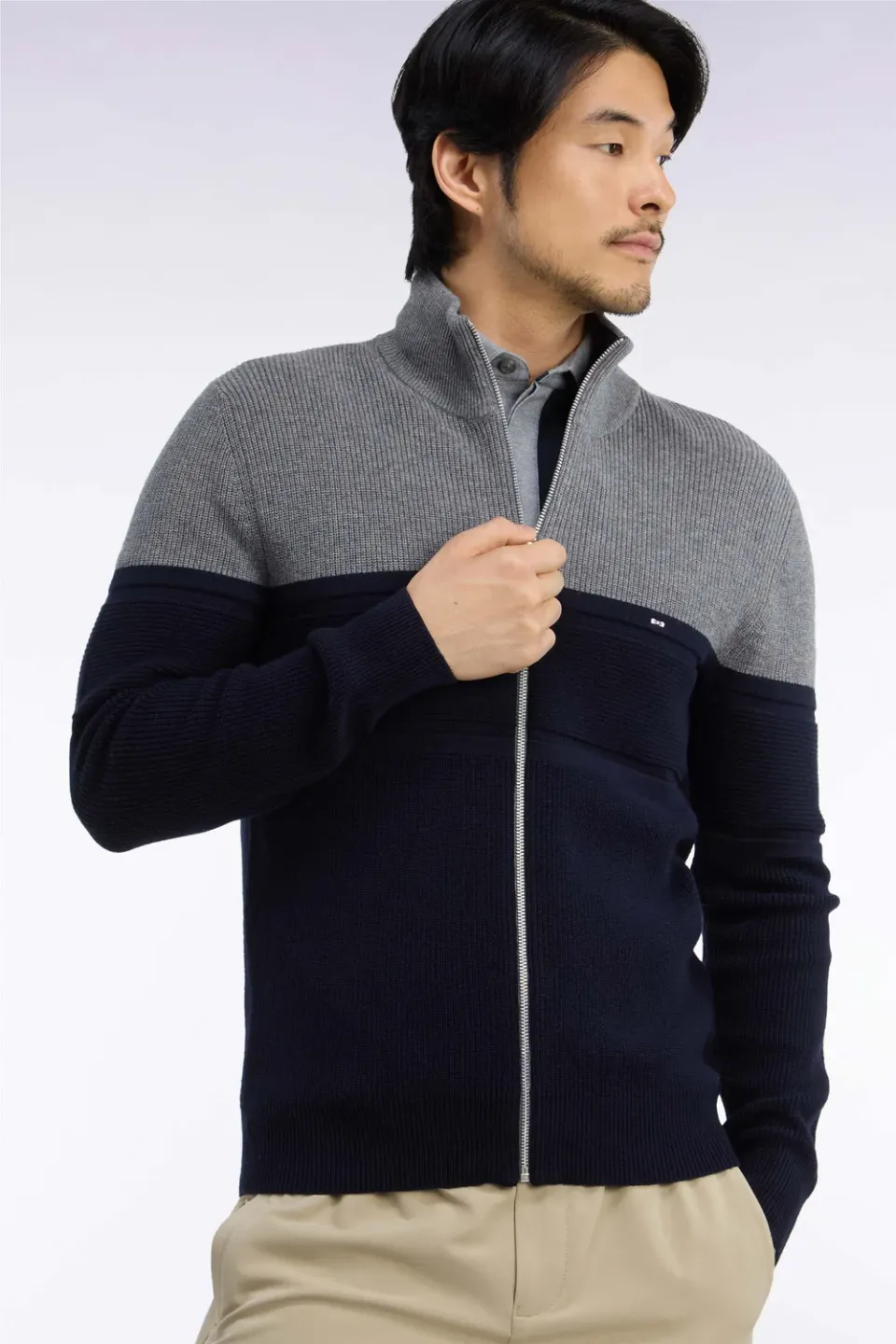 Eden Park cardigan zippé mérinos marine gris coupe droite