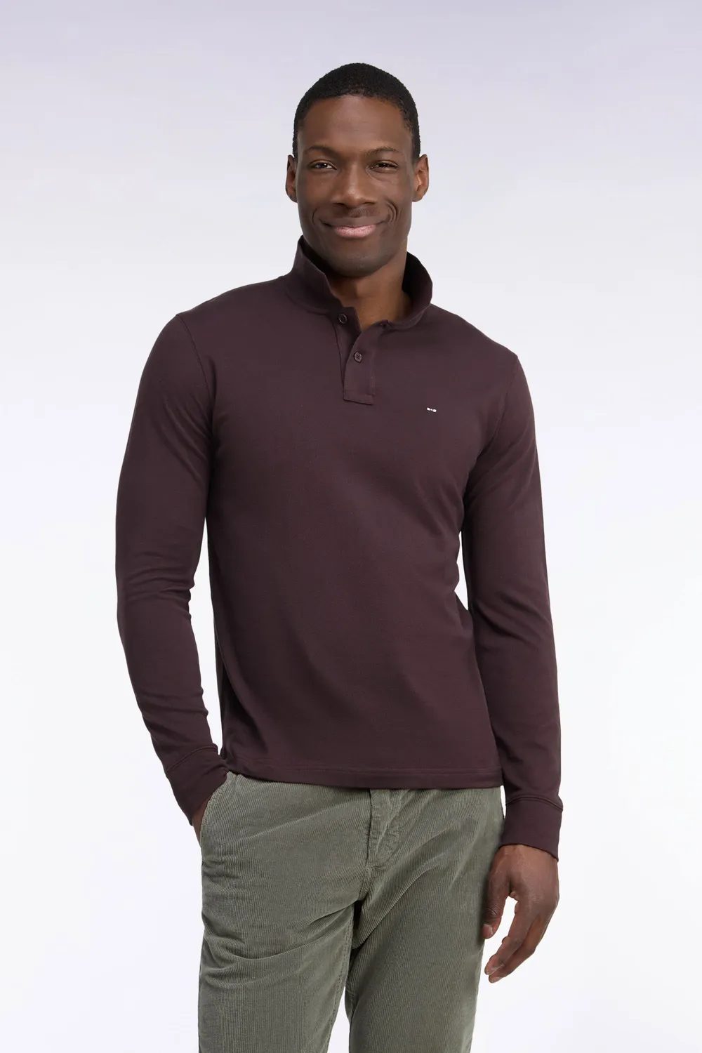 Eden Park polo manches longues coton Pima marron coupe droite