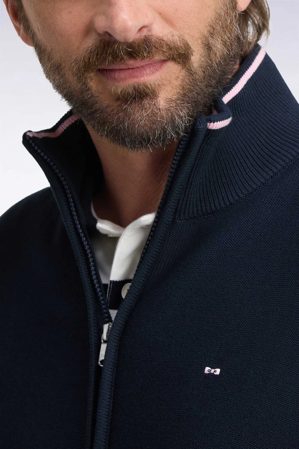 Eden Park cardigan jersey coton marine zippé broderie dos