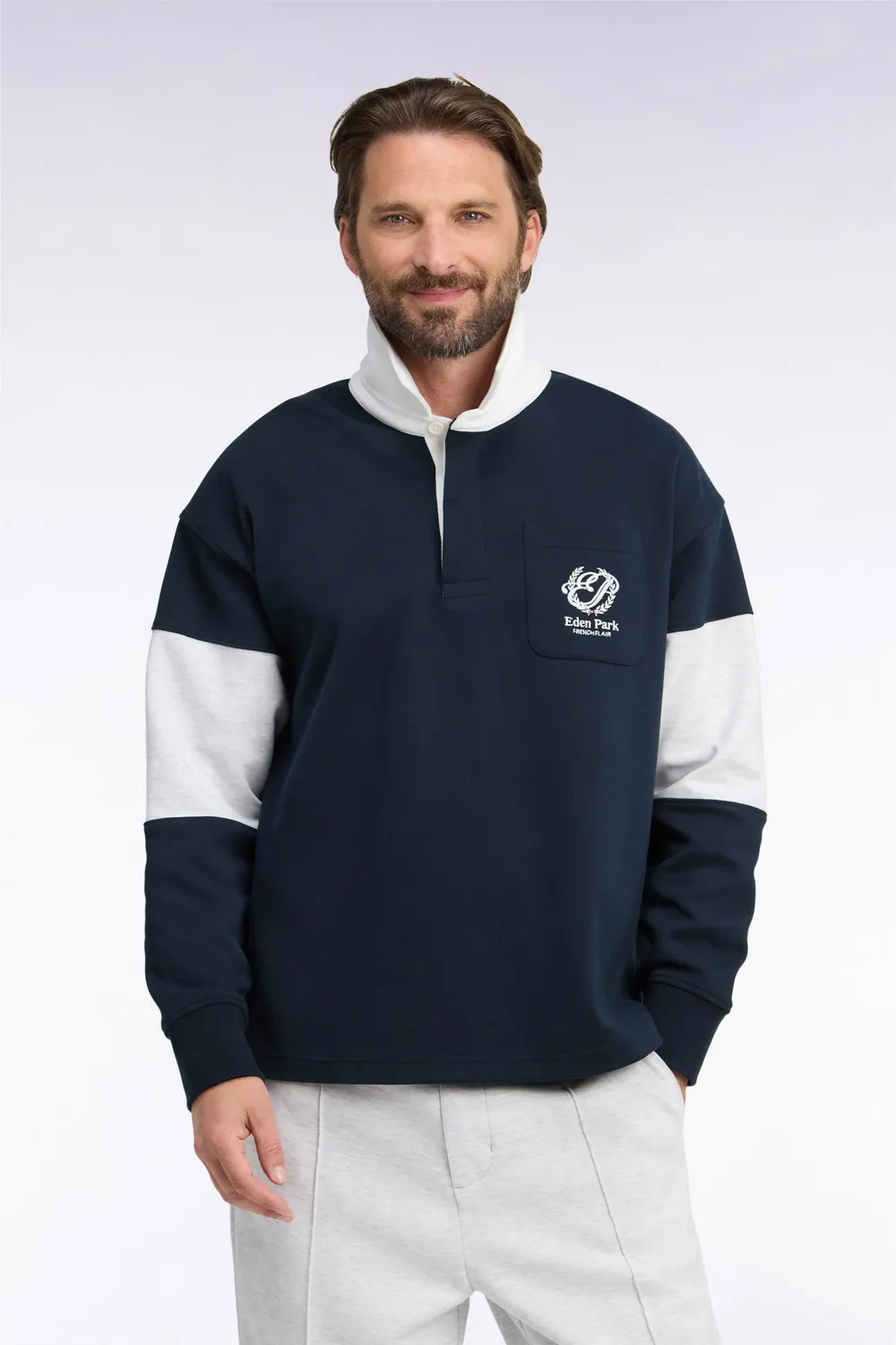 Eden Park Rugby Heritage Sweat Marine Col Maillot Loose