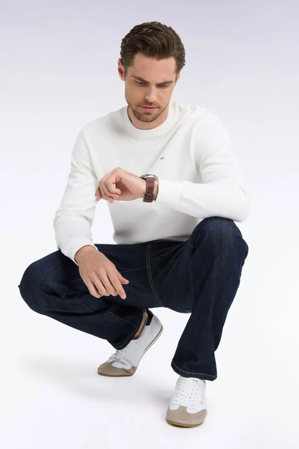 Eden Park sweat col rond ecru molleton coton coupe droite