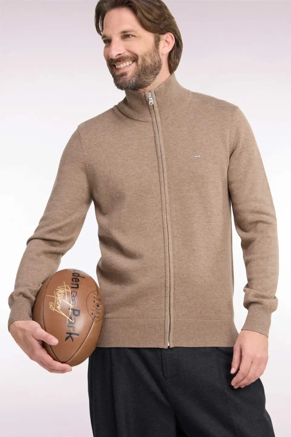 Eden Park cardigan zippé marron laine coton homme