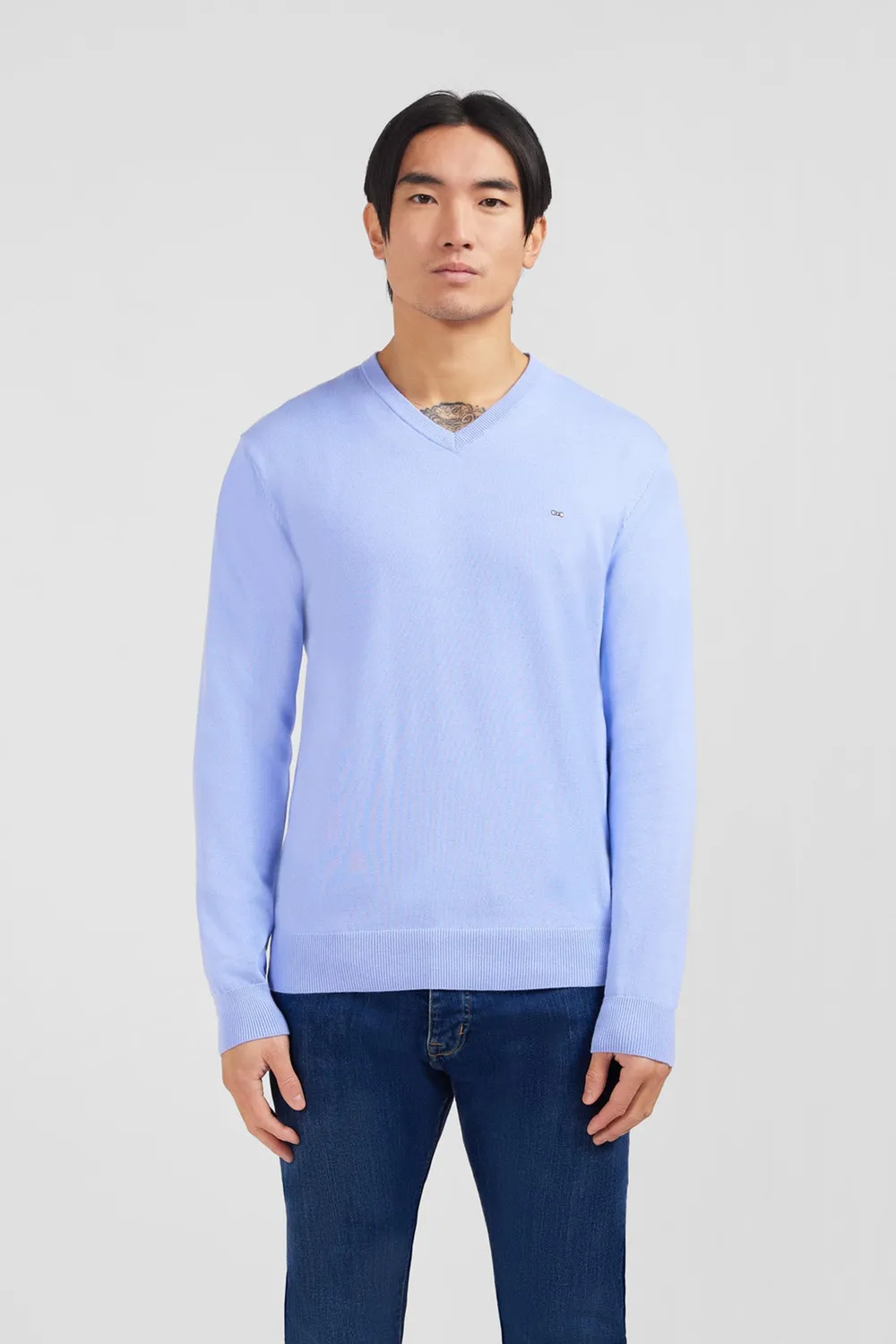 Eden Park Pull Col V Coton Bleu Logo Rose Coupe Regular