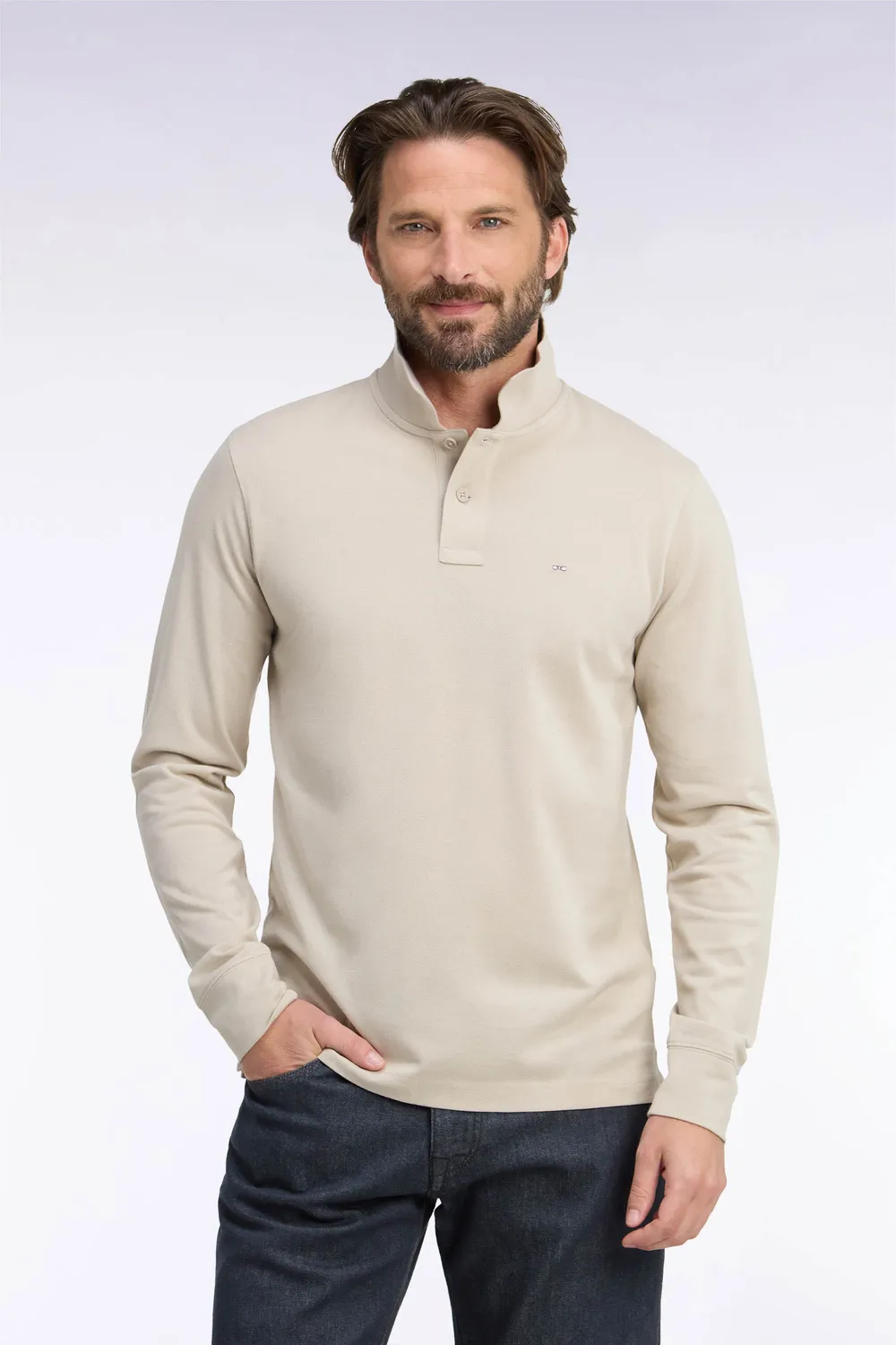 Eden Park polo manches longues Pima beige coupe droite