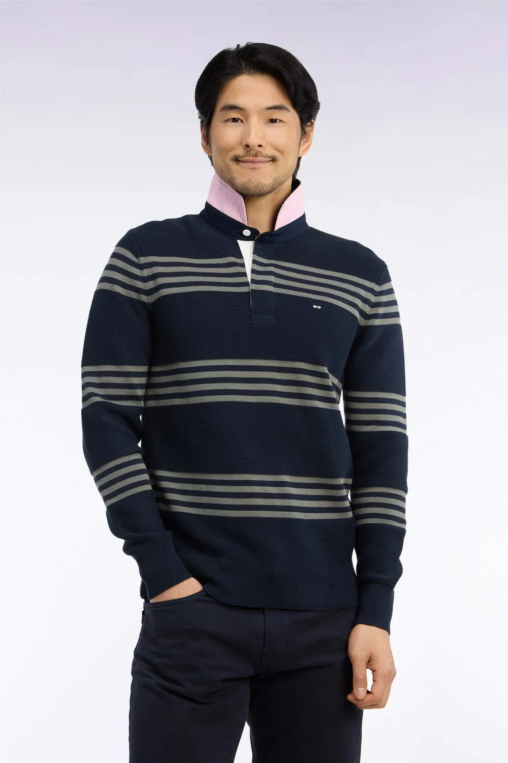 Eden Park pull col maillot vert olive marine coton