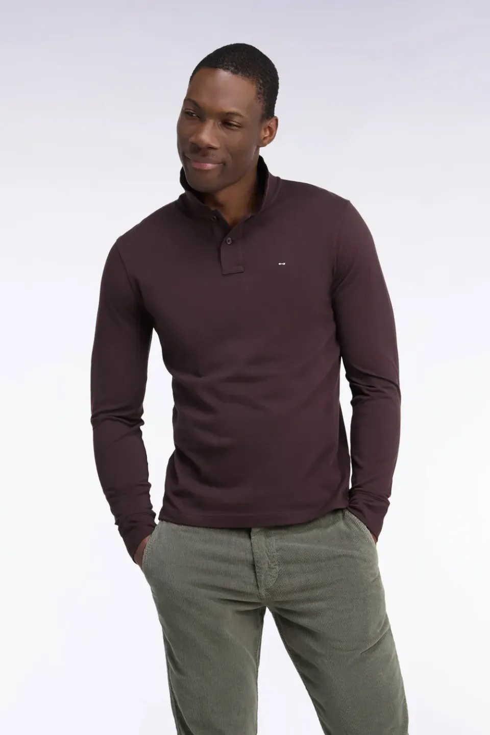 Eden Park polo manches longues coton Pima marron coupe droite