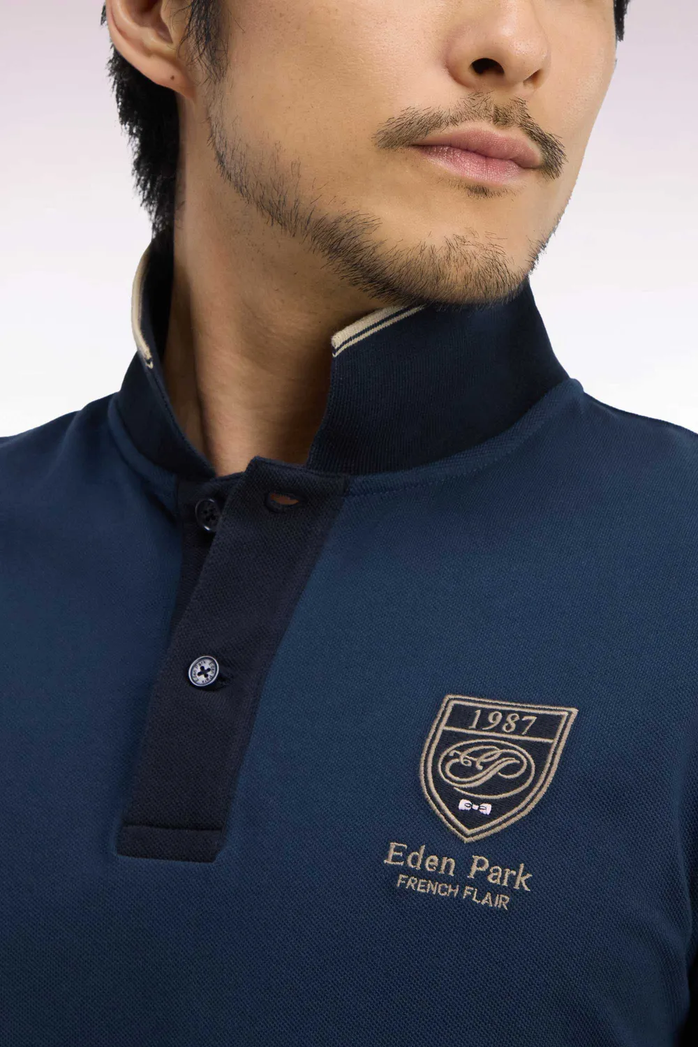 Eden Park Rugby Heritage polo coton bleu gris écusson