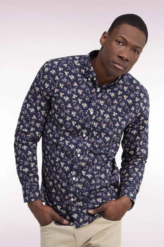 Eden Park Club Classique chemise homme marine fleurs coupe droite