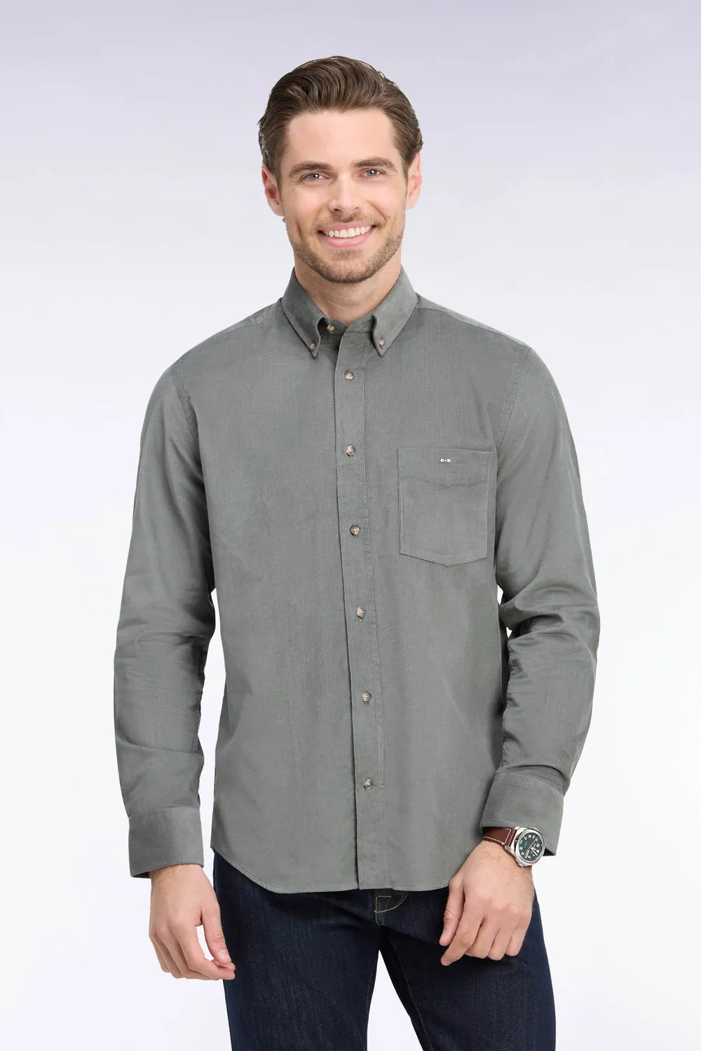 Eden Park chemise coton côtelé kaki coupe droite