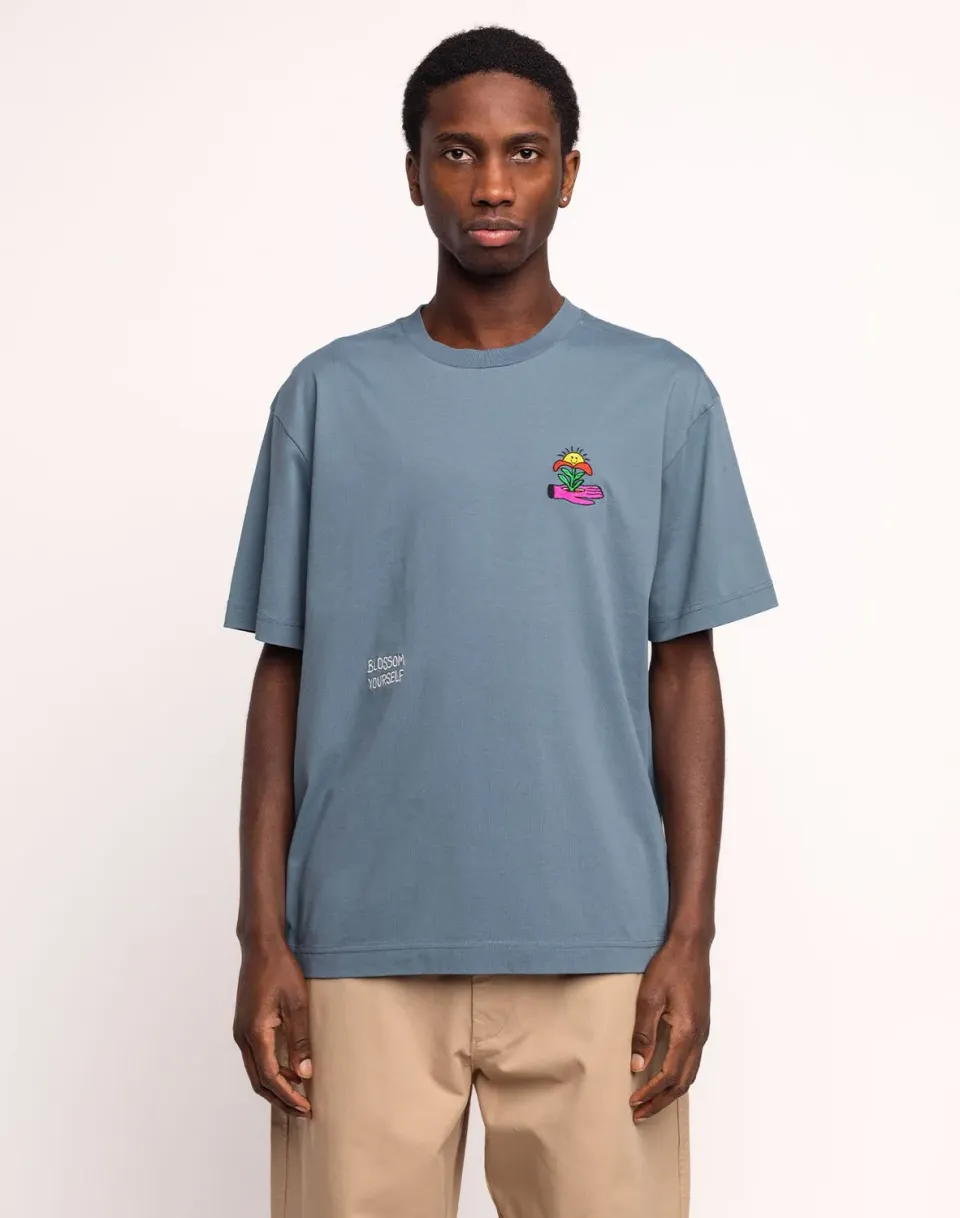 OLOW Blossom Yourself T-shirt bleu acier coton bio