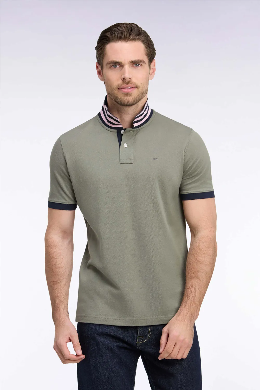 Eden Park polo kaki coton Pima coupe droite sous-col rayé