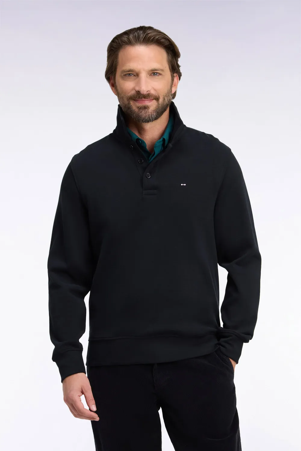 Eden Park sweat col polo coton noir coupe droite