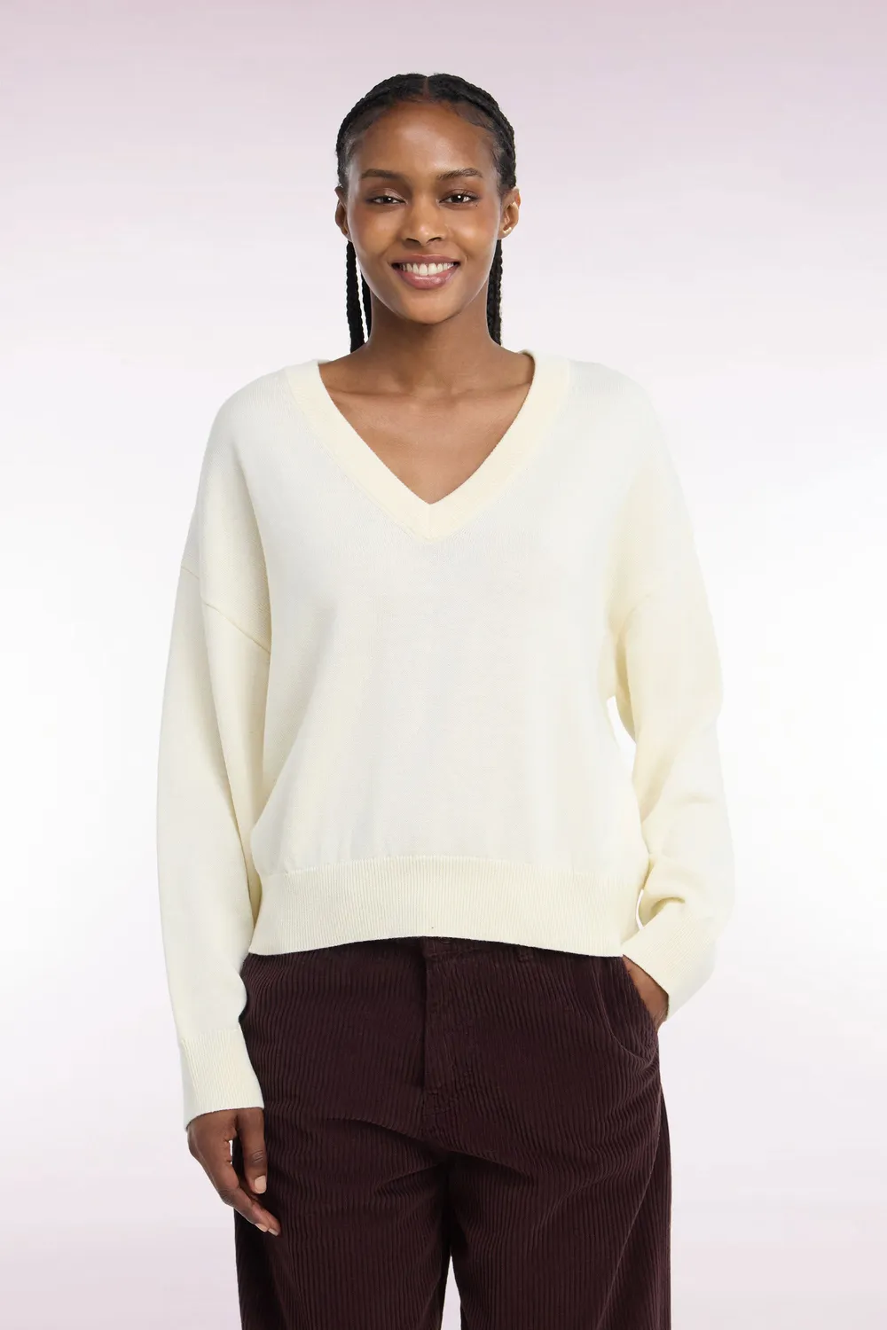 Eden Park pull femme écru col V laine coton oversized