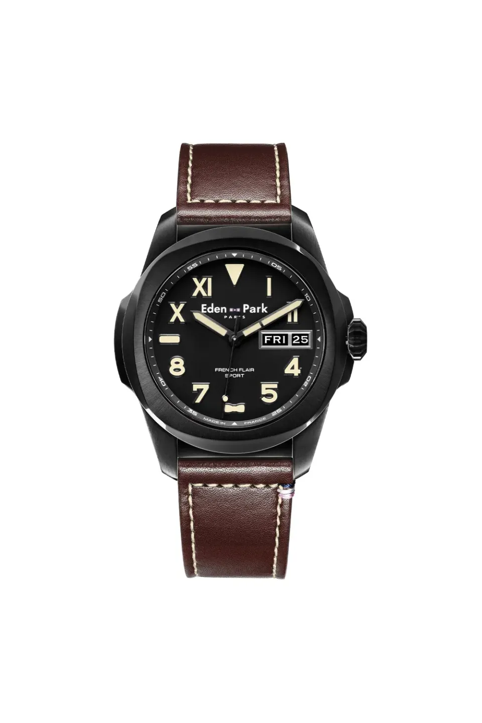 Eden Park Jour montre quartz cuir marron cadran noir 43 mm
