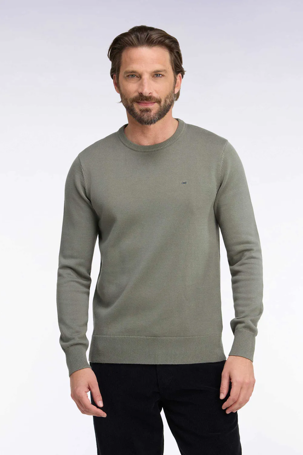Eden Park pull homme col rond kaki coton coupe droite
