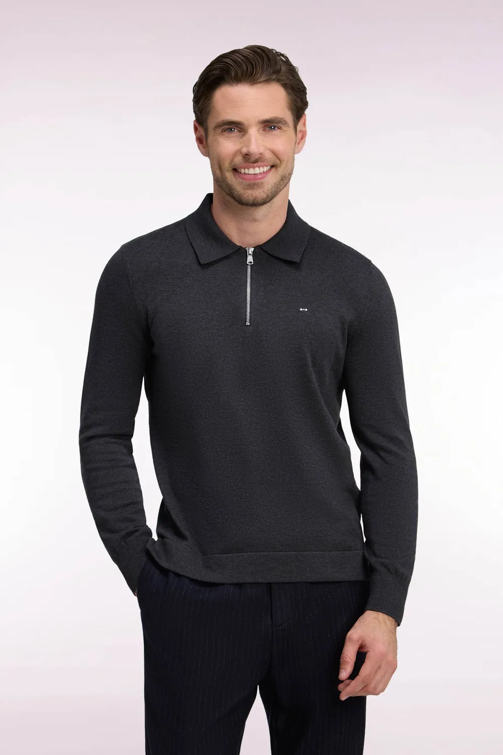 Eden Park pull col polo zippé coton viscose gris foncé