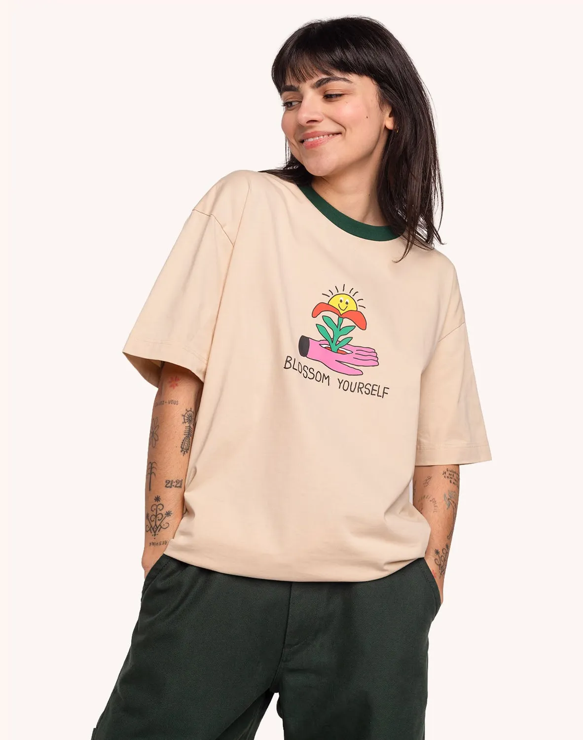 OLOW Blossom Yourself t-shirt crème ample vert