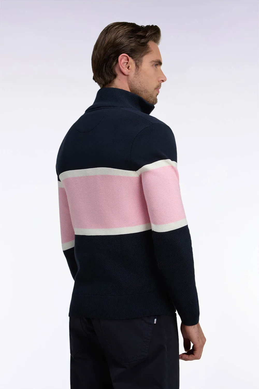 Eden Park Tricolore pull col camionneur marine coton coupe droite